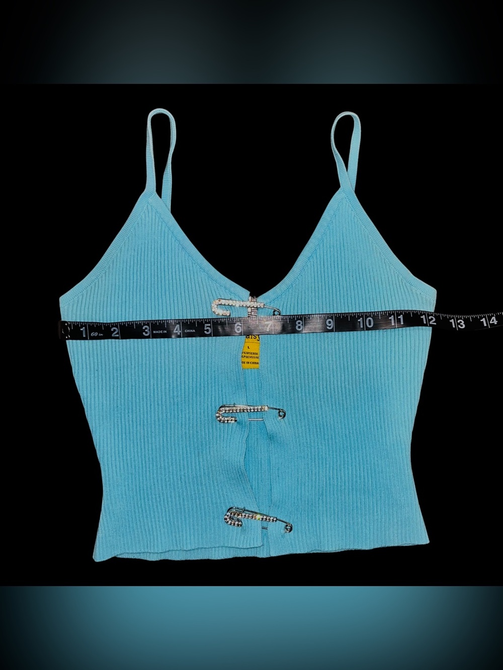 Y2K Rhinestone Safety Pin Blue Ribbed Cami - Picture 4 of 5
